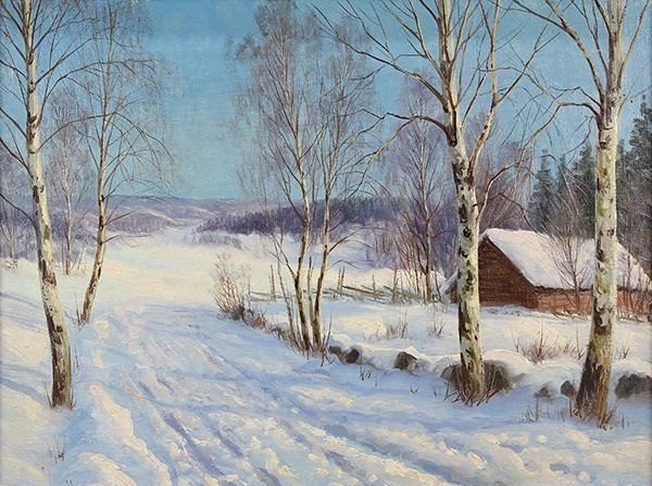 "Scène de chute de neige en hiver avec cabane" par Karl Rosen. Huile sur toile. (Domaine public)