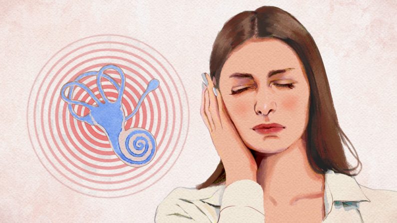 La maladie de Ménière est une affection de l'oreille causée par une accumulation de liquide dans l'oreille interne, entraînant vertiges, acouphènes et perte auditive. (Illustration de Fei Meng.)
