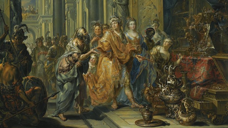 "Crésus et Solon", XVIIIe siècle, par Johann Georg Platzer. Huile sur cuivre ; 60 x 74 cm. (Domaine public)