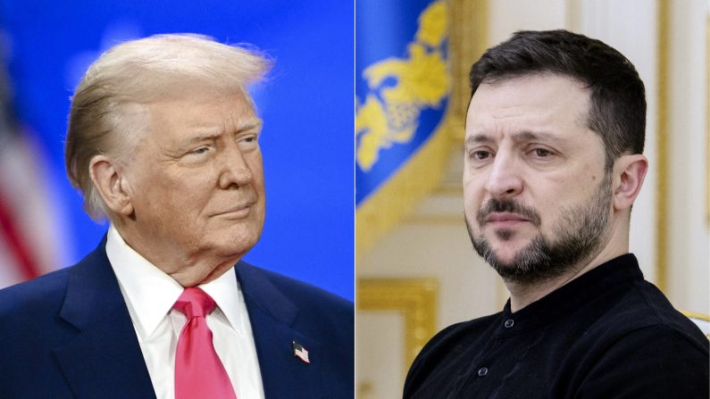 (À g.) Le président américain Donald Trump le 22 février 2025. (À dr.) Le président ukrainien Volodymyr Zelensky, le 12 février 2025. (Alex Wroblewski et Tetiana Dzhafarova/AFP via Getty Images)