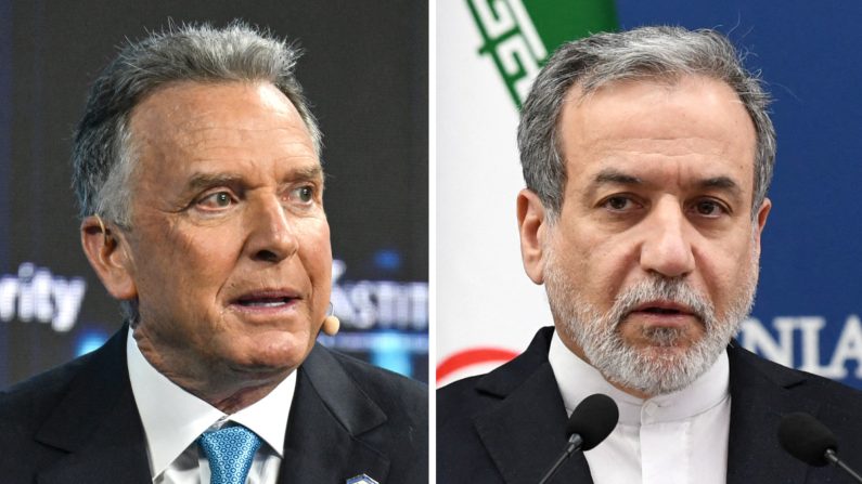 (À g.) L'envoyé spécial des États-Unis au Moyen-Orient, Steve Witkoff, s'exprime lors du sommet prioritaire de l'IIF à Miami Beach (Floride), le 20 février 2025. (À dr.) Le ministre iranien des Affaires étrangères, Abbas Araghchi, participe à une conférence de presse à Erevan, en Arménie, le 25 mars 2025. (Chandan Khanna, Karen Minasyan/AFP via Getty Images)