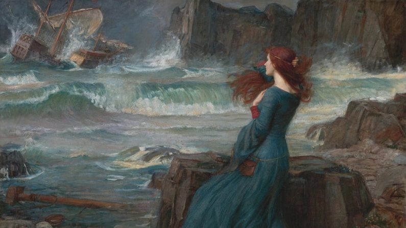 « Miranda — La Tempête », 1916, de John William Waterhouse. De nombreux tableaux s'inspirent de la littérature, dont celui-ci, qui représente une scène de la pièce de Shakespeare. (Domaine public)