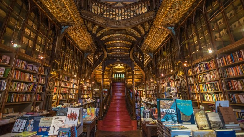 Les livres sont secondaires dans l'extraordinaire espace intérieur principal de la Librairie Lello, qui regorge de détails visuels. L'élément central est l'escalier en fourche, aux marches peintes en rouge cramoisi, rehaussé d'une rampe et d'une balustrade sculptées. Les magnifiques vitraux du plafond du deuxième étage sont visibles depuis le premier étage. Des bibliothèques en bois, du sol au plafond, certaines ouvertes, d'autres vitrées, sont séparées par des sections soigneusement travaillées et ornées de grands quadrilobes. (Nido Huebl/Shutterstock)