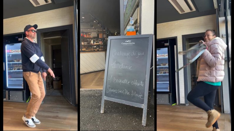 Une baguette offerte contre quelques pas de danse dans une boulangerie de la Maison Mengelle, à Pouzac (Hautes-Pyrénées). (Crédit photo compte Instagram boulangeriemengellepouzac)