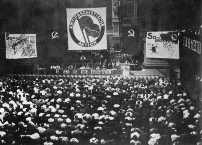 The Unity Congress of Antifa, held at the Philharmonic Opera House in Berlin, on July 10, 1932. The congress was organized by the Communist Party of Germany as a rallying point to defeat the Social Democratic Party and the Nazi Party. Antifa labeled both parties as "fascist," which was a political label they used for all rival parties. (Public Domain)