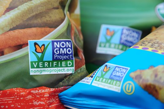 Labels on bags of snack foods indicate they are non-GMO food products, in Los Angeles on Oct. 19, 2012. (ROBYN BECK/AFP/Getty Images)