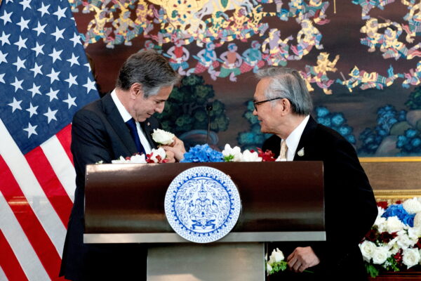Thailand's Foreign Minister Don Pramudwinai places-U.S. Secretary of State Antony Blinken