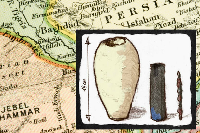 Right: An illustration of a Baghdad battery from museum artifact pictures. (Ironie/Wikimedia Commons) Background: Map of area surrounding present-day Baghdad, Iraq. (Cmcderm1/iStock/Thinkstock)