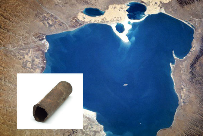 A file photo of a pipe, and a view of Qinghai Lake in China, near which mysterious iron pipes were found. (NASA; Pipe image via Shutterstock*)